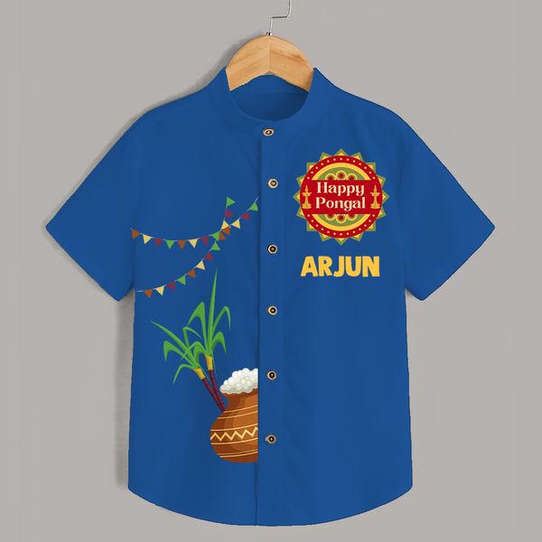 Happy Pongal Kids Shirt – Traditional Pongal Pot & Festive Badge Design with Name Personalisation - COBALT BLUE - 0 - 6 Months Old (Chest 23")