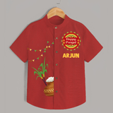 Happy Pongal Kids Shirt – Traditional Pongal Pot & Festive Badge Design with Name Personalisation - RED - 0 - 6 Months Old (Chest 23")