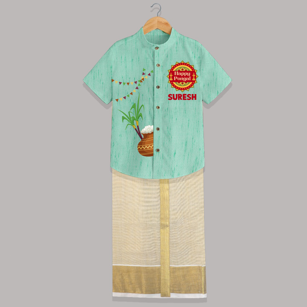 Happy Pongal Kids Shirt & Dhoti – Traditional Pongal Pot & Festive Badge Design with Name Personalisation - AQUA GREEN - 0 - 6 Months Old (Chest-23") (Dhoti length-14")