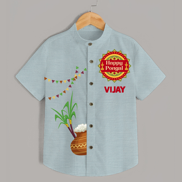 Happy Pongal Kids Shirt – Traditional Pongal Pot & Festive Badge Design with Name Personalisation - ARCTIC BLUE - 0 - 6 Months Old (Chest 23")