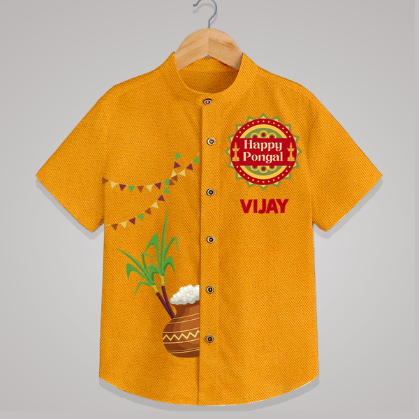Happy Pongal Kids Shirt – Traditional Pongal Pot & Festive Badge Design with Name Personalisation - CHROME YELLOW - 0 - 6 Months Old (Chest 23")