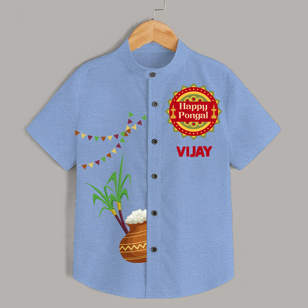 Happy Pongal Kids Shirt – Traditional Pongal Pot & Festive Badge Design with Name Personalisation - SKY BLUE - 0 - 6 Months Old (Chest 23")