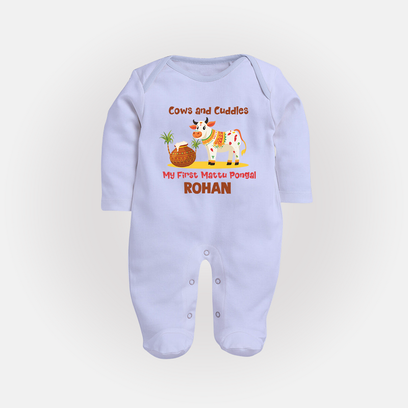 Cows And Cuddles  - My First Mattu Pongal Themed Sleep Suit For Babies - BABY BLUE - New Born (Chest 7.5")