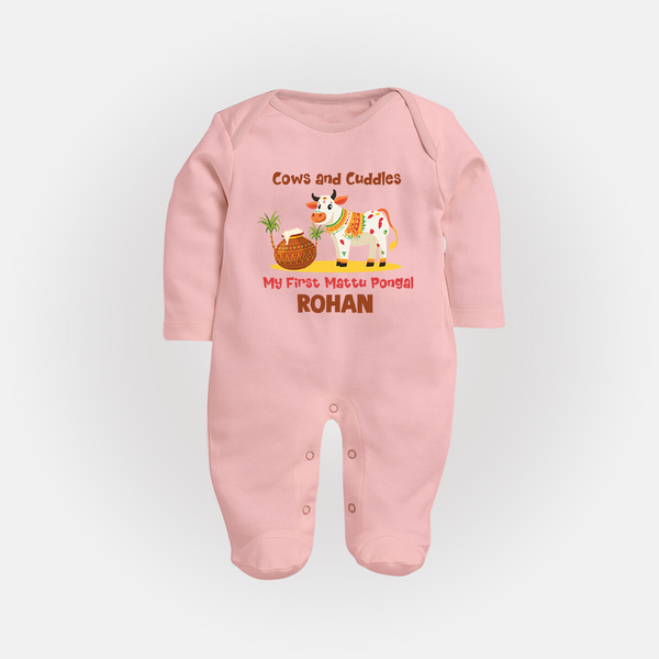 Cows And Cuddles  - My First Mattu Pongal Themed Sleep Suit For Babies - BABY PINK - New Born (Chest 7.5")