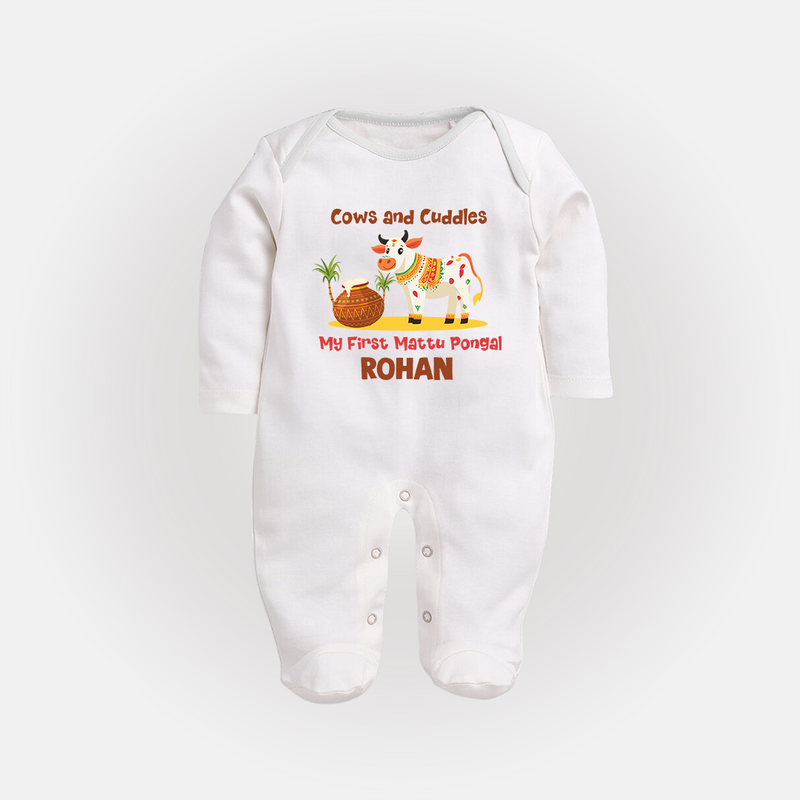 Cows And Cuddles  - My First Mattu Pongal Themed Sleep Suit For Babies - WHITE - New Born (Chest 7.5")