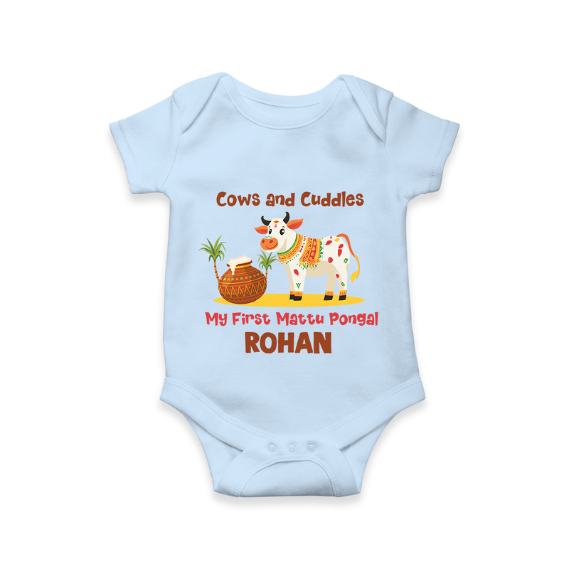 Cows And Cuddles  - My First Mattu Pongal Themed Romper For Babies - BABY BLUE - 0 - 3 Months Old (Chest 16")