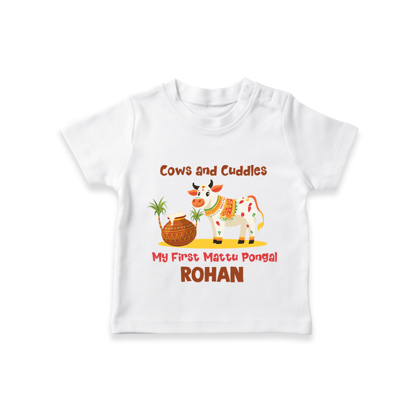 Cows And Cuddles  - My First Mattu Pongal Themed T-shirt For Babies - WHITE - 0-5 Months Old (Chest 17")