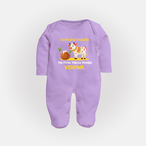 Cows And Cuddles  - My First Mattu Pongal Themed Sleep Suit For Babies - LILAC - New Born (Chest 7.5")