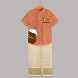 Pongal Pot Corner Placement + “Happy Pongal”  | Customized Shirt & Dhoti for Kids - ORANGE - 0 - 6 Months Old (Chest-23") (Dhoti length-14")