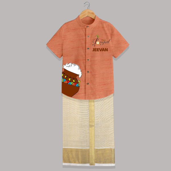 Pongal Pot Corner Placement + “Happy Pongal”  | Customized Shirt & Dhoti for Kids - ORANGE - 0 - 6 Months Old (Chest-23") (Dhoti length-14")
