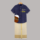 Pongal Pot Corner Placement + “Happy Pongal”  | Customized Shirt & Dhoti for Kids - DARK BLUE - 0 - 6 Months Old (Chest-23") (Dhoti length-14")