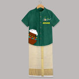 Pongal Pot Corner Placement + “Happy Pongal”  | Customized Shirt & Dhoti for Kids - DARK GREEN - 0 - 6 Months Old (Chest-23") (Dhoti length-14")