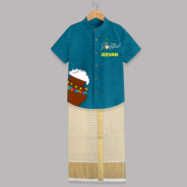 Pongal Pot Corner Placement + “Happy Pongal”  | Customized Shirt & Dhoti for Kids - PEACOCK BLUE - 0 - 6 Months Old (Chest-23") (Dhoti length-14")