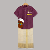 Pongal Pot Corner Placement + “Happy Pongal”  | Customized Shirt & Dhoti for Kids - WINE - 0 - 6 Months Old (Chest-23") (Dhoti length-14")