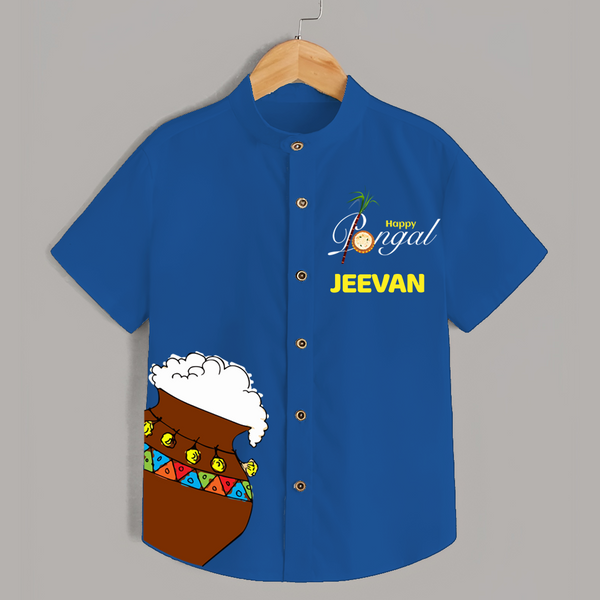 Pongal Pot Corner Placement + “Happy Pongal”  | Customized Shirt for Kids - COBALT BLUE - 0 - 6 Months Old (Chest 23")