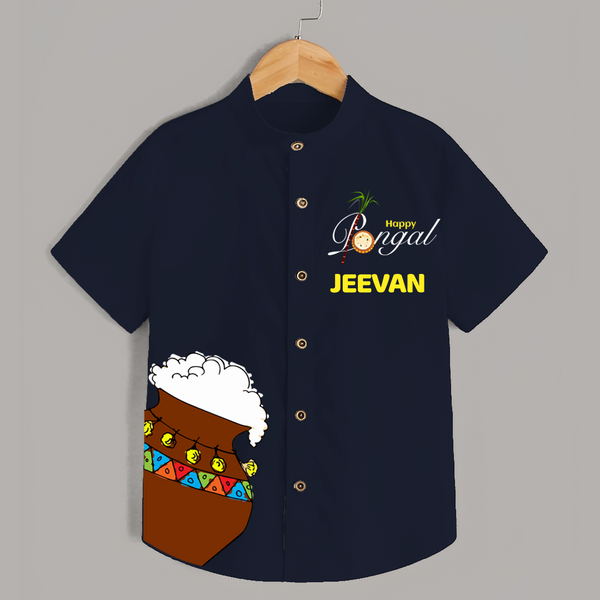 Pongal Pot Corner Placement + “Happy Pongal”  | Customized Shirt for Kids - NAVY BLUE - 0 - 6 Months Old (Chest 23")
