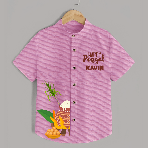 Minimal Happy Pongal with Sugarcane & Pot  | Customized Shirt for Kids - BABY PINK - 0 - 6 Months Old (Chest 23")