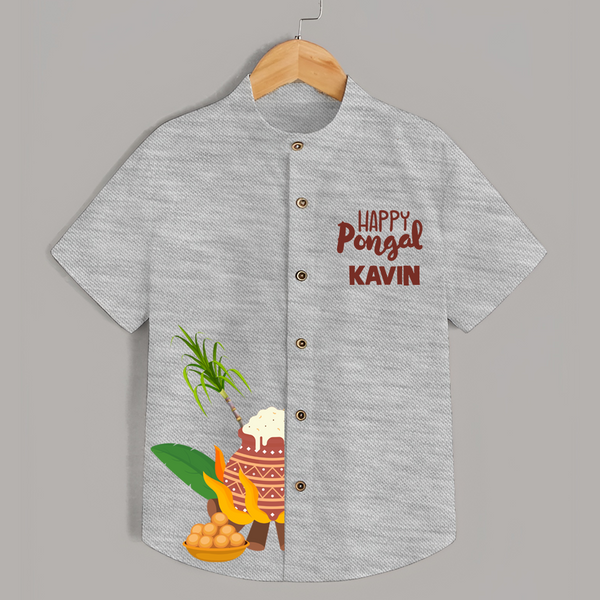 Minimal Happy Pongal with Sugarcane & Pot  | Customized Shirt for Kids - GREY - 0 - 6 Months Old (Chest 23")