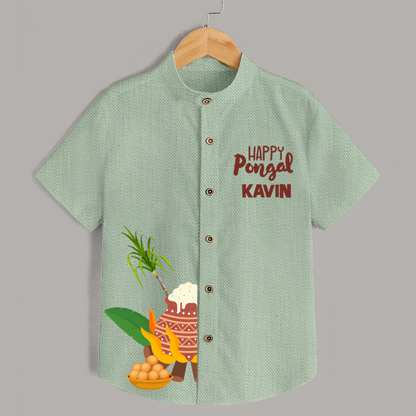 Minimal Happy Pongal with Sugarcane & Pot  | Customized Shirt for Kids - MINT GREEN - 0 - 6 Months Old (Chest 23")