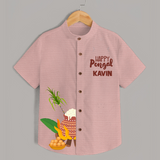 Minimal Happy Pongal with Sugarcane & Pot  | Customized Shirt for Kids - PEACH - 0 - 6 Months Old (Chest 23")
