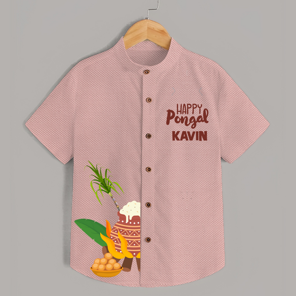Minimal Happy Pongal with Sugarcane & Pot  | Customized Shirt for Kids - PEACH - 0 - 6 Months Old (Chest 23")