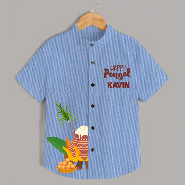 Minimal Happy Pongal with Sugarcane & Pot  | Customized Shirt for Kids - SKY BLUE - 0 - 6 Months Old (Chest 23")