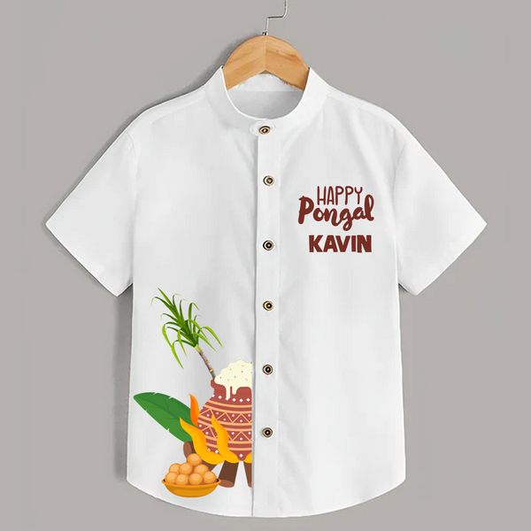 Minimal Happy Pongal with Sugarcane & Pot  | Customized Shirt for Kids - WHITE - 0 - 6 Months Old (Chest 23")