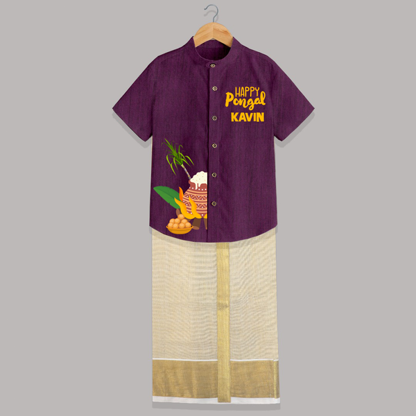 Minimal Happy Pongal with Sugarcane & Pot  | Customized Shirt & Dhoti for Kids - GRAPE - 0 - 6 Months Old (Chest-23") (Dhoti length-14")