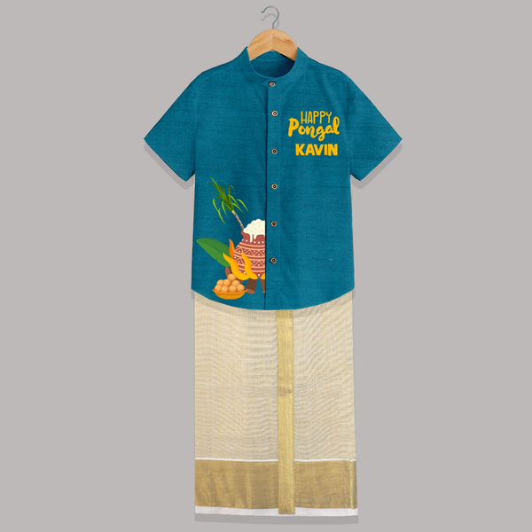 Minimal Happy Pongal with Sugarcane & Pot  | Customized Shirt & Dhoti for Kids - PEACOCK BLUE - 0 - 6 Months Old (Chest-23") (Dhoti length-14")