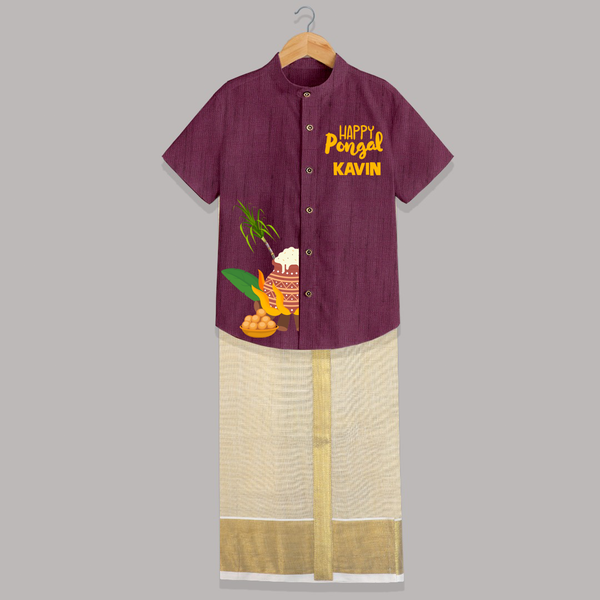 Minimal Happy Pongal with Sugarcane & Pot  | Customized Shirt & Dhoti for Kids - WINE - 0 - 6 Months Old (Chest-23") (Dhoti length-14")
