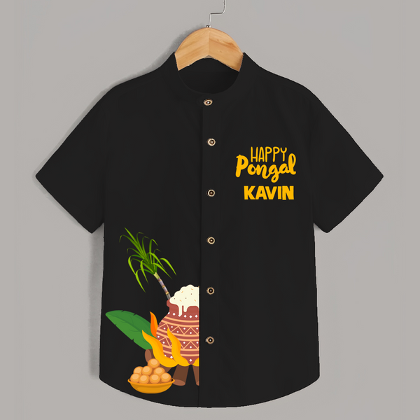 Minimal Happy Pongal with Sugarcane & Pot  | Customized Shirt for Kids - BLACK - 0 - 6 Months Old (Chest 23")