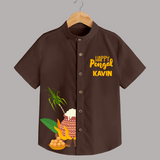Minimal Happy Pongal with Sugarcane & Pot  | Customized Shirt for Kids - CHOCOLATE BROWN - 0 - 6 Months Old (Chest 23")
