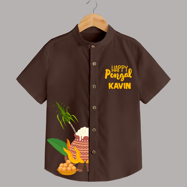 Minimal Happy Pongal with Sugarcane & Pot  | Customized Shirt for Kids - CHOCOLATE BROWN - 0 - 6 Months Old (Chest 23")