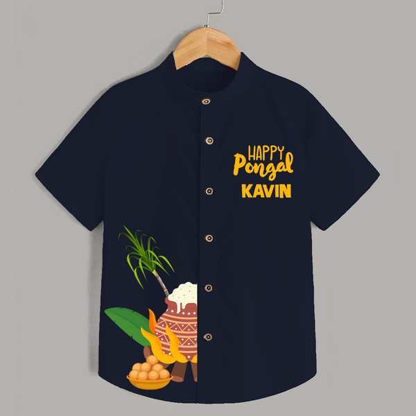 Minimal Happy Pongal with Sugarcane & Pot  | Customized Shirt for Kids - NAVY BLUE - 0 - 6 Months Old (Chest 23")