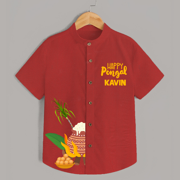 Minimal Happy Pongal with Sugarcane & Pot  | Customized Shirt for Kids - RED - 0 - 6 Months Old (Chest 23")