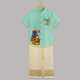 Temple, Pongal Setup & Kite  | Customized Shirt & Dhoti for Kids - AQUA GREEN - 0 - 6 Months Old (Chest-23") (Dhoti length-14")