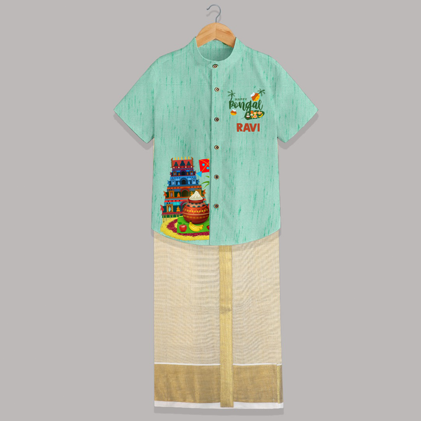 Temple, Pongal Setup & Kite  | Customized Shirt & Dhoti for Kids - AQUA GREEN - 0 - 6 Months Old (Chest-23") (Dhoti length-14")