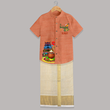Temple, Pongal Setup & Kite  | Customized Shirt & Dhoti for Kids - ORANGE - 0 - 6 Months Old (Chest-23") (Dhoti length-14")
