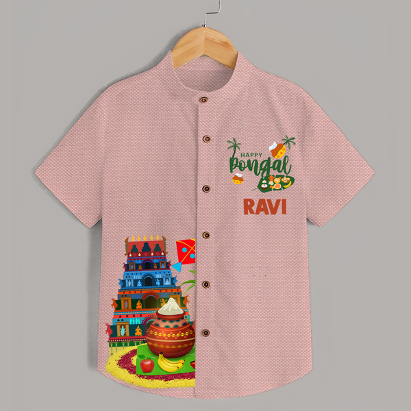 Temple, Pongal Setup & Kite  | Customized Shirt for Kids - PEACH - 0 - 6 Months Old (Chest 23")
