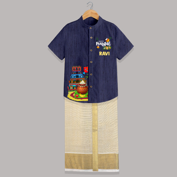 Temple, Pongal Setup & Kite  | Customized Shirt & Dhoti for Kids - DARK BLUE - 0 - 6 Months Old (Chest-23") (Dhoti length-14")