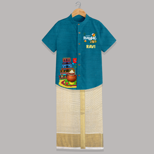Temple, Pongal Setup & Kite  | Customized Shirt & Dhoti for Kids - PEACOCK BLUE - 0 - 6 Months Old (Chest-23") (Dhoti length-14")