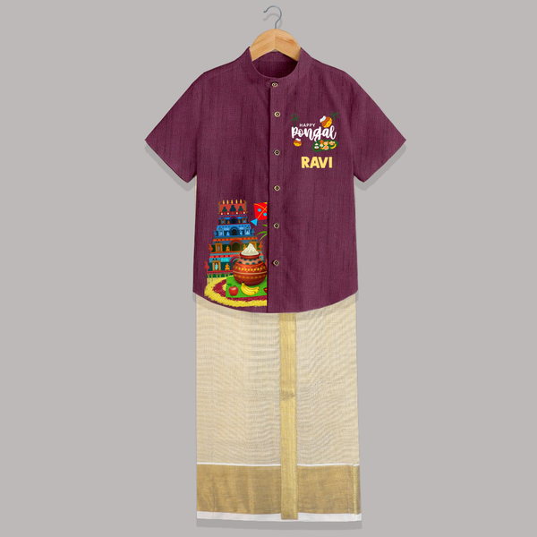 Temple, Pongal Setup & Kite  | Customized Shirt & Dhoti for Kids - WINE - 0 - 6 Months Old (Chest-23") (Dhoti length-14")