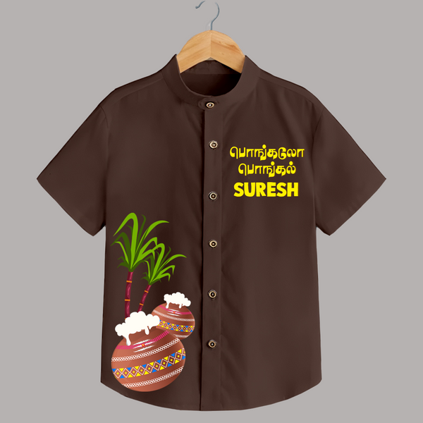 Pongalo Pongal Tamil Text + Pots  | Customized Shirt for Kids - CHOCOLATE BROWN - 0 - 6 Months Old (Chest 23")