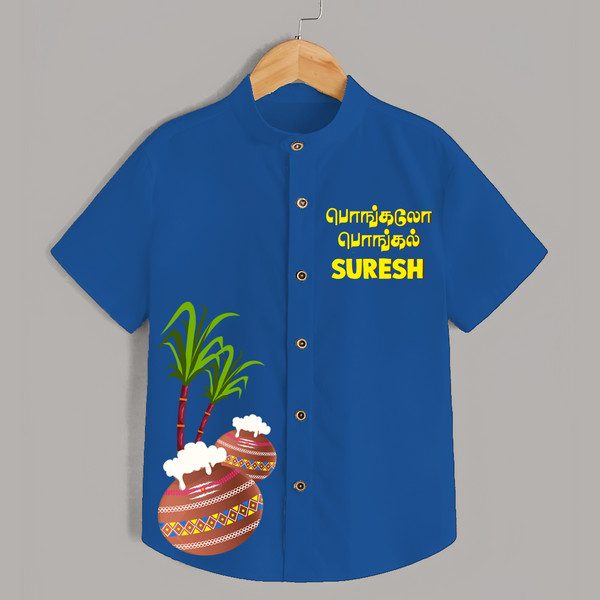 Pongalo Pongal Tamil Text + Pots  | Customized Shirt for Kids - COBALT BLUE - 0 - 6 Months Old (Chest 23")