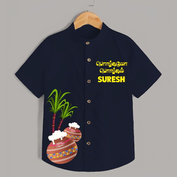 Pongalo Pongal Tamil Text + Pots  | Customized Shirt for Kids - NAVY BLUE - 0 - 6 Months Old (Chest 23")