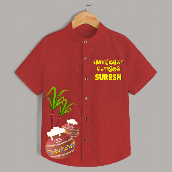 Pongalo Pongal Tamil Text + Pots  | Customized Shirt for Kids - RED - 0 - 6 Months Old (Chest 23")