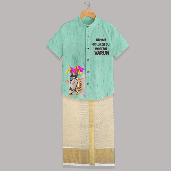 Jallikattu Bull + “Kutty Jallikattu Veeran  | Customized Shirt & Dhoti for Kids - AQUA GREEN - 0 - 6 Months Old (Chest-23") (Dhoti length-14")