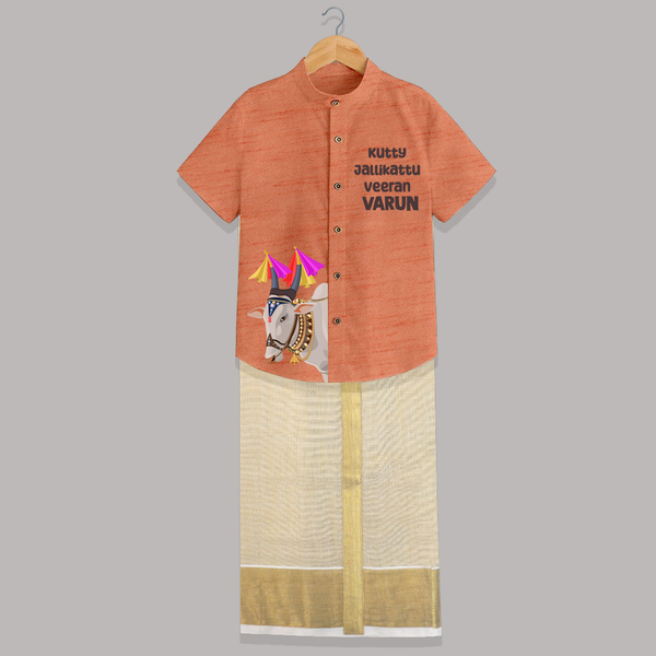 Jallikattu Bull + “Kutty Jallikattu Veeran  | Customized Shirt & Dhoti for Kids - ORANGE - 0 - 6 Months Old (Chest-23") (Dhoti length-14")