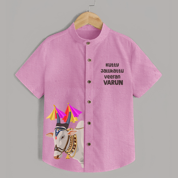 Jallikattu Bull + “Kutty Jallikattu Veeran  | Customized Shirt for Kids - BABY PINK - 0 - 6 Months Old (Chest 23")