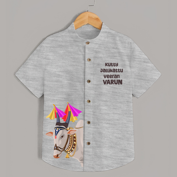 Jallikattu Bull + “Kutty Jallikattu Veeran  | Customized Shirt for Kids - GREY - 0 - 6 Months Old (Chest 23")